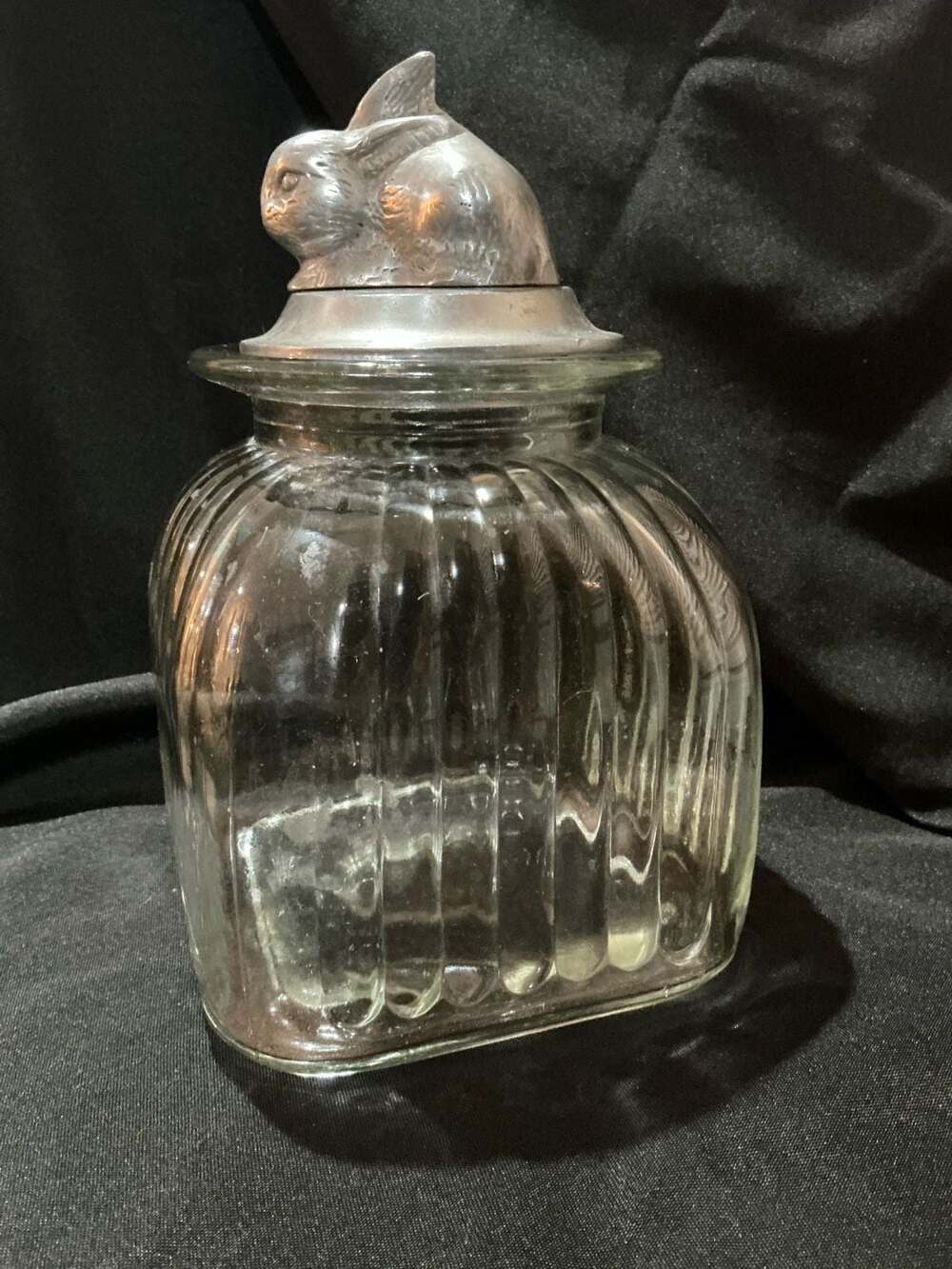 Unbranded Ribbed Glass Apothecary Canister With Pewter Rabbit Lid